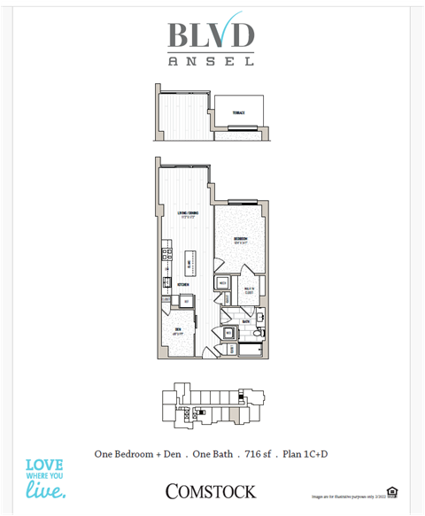 Floor plan for 1 bed, 1 bath, 788 sqft